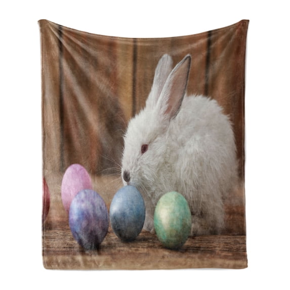 Easter Bunny Soft Flannel Fleece Blanket, Photo of Easter Rabbit with Colorful Dyed Eggs Wooden Background Illustration, Cozy Plush for Indoor and Outdoor Use, 50" x 70", Multicolor, by Ambesonne