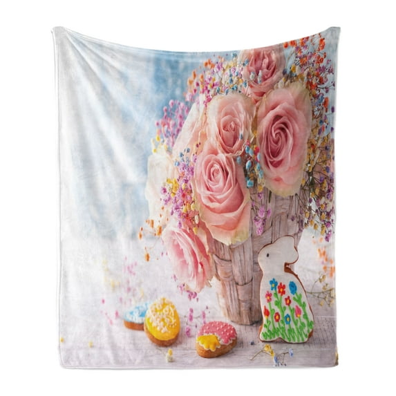 Easter Bunny Soft Flannel Fleece Blanket, Spring Time Holidays Composition with Roses Floral and Rabbit Easter Cookies, Cozy Plush for Indoor and Outdoor Use, 50" x 60", Multicolor, by Ambesonne