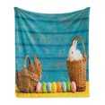 thumbnail image 1 of Easter Bunny Soft Flannel Fleece Throw Blanket, 2 Easter Rabbits with Blue Wooden Background Pastel Tones Dyed Eggs, Cozy Plush for Indoor and Outdoor Use, 50" x 70", Multicolor, by Ambesonne, 1 of 5