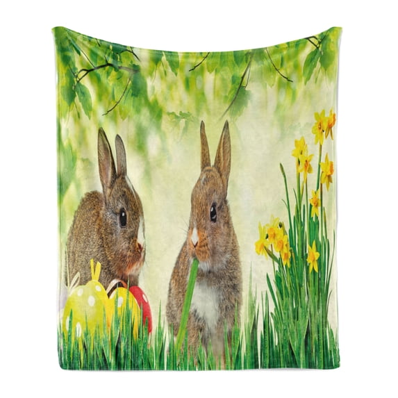 Easter Bunny Soft Flannel Fleece Throw Blanket, Brown Litte Rabbits Meadow Green Grass Spring Easter Photography, Cozy Plush for Indoor and Outdoor Use, 50" x 60", Multicolor Fern Green, by Ambesonne