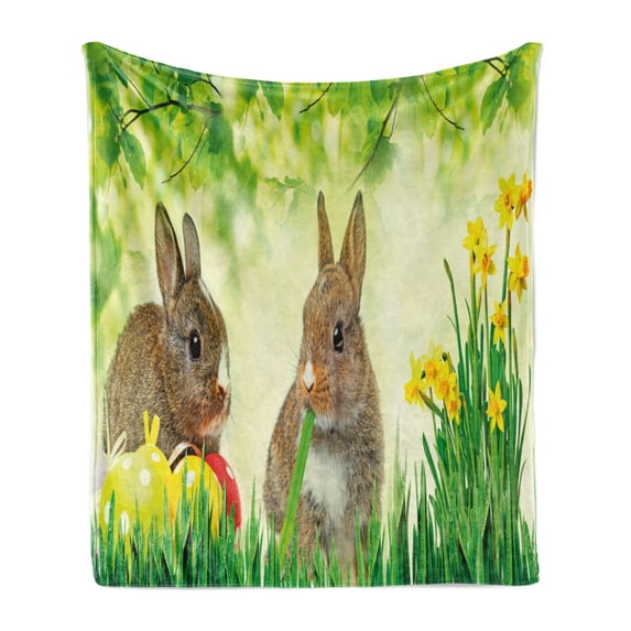 Easter Bunny Soft Flannel Fleece Throw Blanket, Brown Litte Rabbits Meadow Green Grass Spring Easter Photography, Cozy Plush for Indoor and Outdoor Use, 60" x 80", Multicolor Fern Green, by Ambesonne