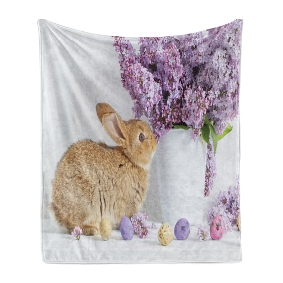 Easter Bunny Soft Flannel Fleece Throw Blanket, Brown Easter Rabbit with Lilac Flowers Dyed Eggs Floral Innocent, Cozy Plush for Indoor and Outdoor Use, 60" x 80", Multicolor, by Ambesonne