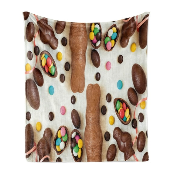 Easter Bunny Soft Flannel Fleece Throw Blanket, Colorful Spring Holiday Ornaments Elements Chocolate Egg, Cozy Plush for Indoor and Outdoor Use, 70" x 90", Pale Caramel Multicolor, by Ambesonne