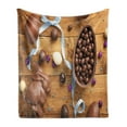 thumbnail image 1 of Easter Bunny Soft Flannel Fleece Throw Blanket, Delicious Chocolate with Eggs Ribbon on a Wooden Table Holiday Preparation, Cozy Plush for Indoor and Outdoor Use, 60" x 80", Multicolor, by Ambesonne, 1 of 5