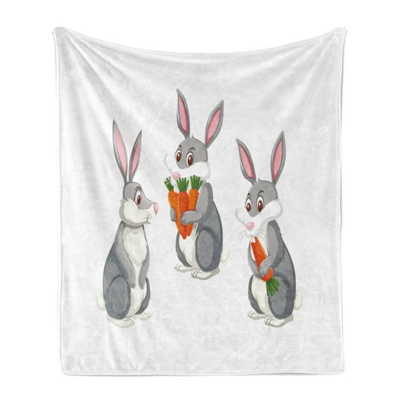 Easter Bunny Soft Flannel Fleece Throw Blanket, Funny 3 Rabbits Cartoon for Holiday, Cozy Plush for Indoor and Outdoor Use, 70" x 90", White Multicolor, by Ambesonne