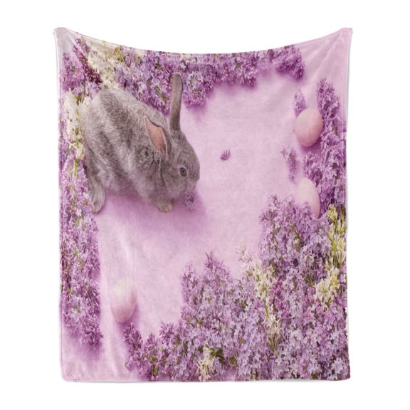 Easter Bunny Soft Flannel Fleece Throw Blanket, Grey Easter Rabbit Surrounded by Lilac Flowers Fresh Spring Time, Cozy Plush for Indoor and Outdoor Use, 50" x 60", Lilac Multicolor, by Ambesonne