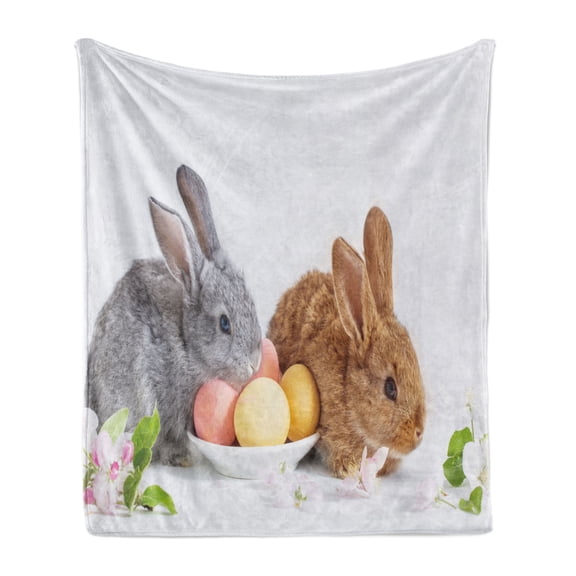 Easter Bunny Soft Flannel Fleece Throw Blanket, Photo of 2 Easter Rabbits Grey and Brown with Flowers and Eggs Spring Time, Cozy Plush for Indoor and Outdoor Use, 60" x 80", Multicolor, by Ambesonne