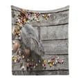 thumbnail image 1 of Easter Bunny Soft Flannel Fleece Throw Blanket, Photo of Rabbit on Wooden Background with Holidays Rustic Spring, Cozy Plush for Indoor and Outdoor Use, 50" x 60", Multicolor, by Ambesonne, 1 of 5