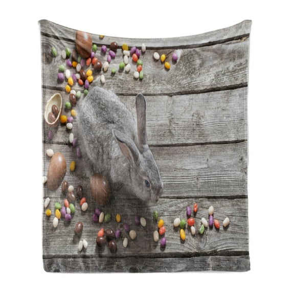 Easter Bunny Soft Flannel Fleece Throw Blanket, Photo of Rabbit on Wooden Background with Holidays Rustic Spring, Cozy Plush for Indoor and Outdoor Use, 70" x 90", Multicolor, by Ambesonne