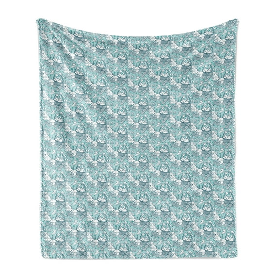 Easter Bunny Soft Flannel Fleece Throw Blanket, Rabbit Doodle Muffin with Eggs Basket Tea Time Composition, Cozy Plush for Indoor and Outdoor Use, 60" x 80", Dark Seafoam and Teal, by Ambesonne