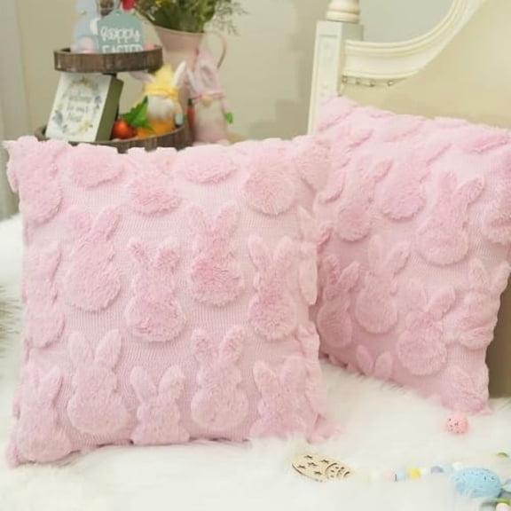Easter Bunny Soft Plush Pillow Covers, 18 x 18 Inch Set of 2, Fluffy Faux Fur Wool Decorative Farmhouse Cushion Case for Sofa Home Decoration Pink GC015-18