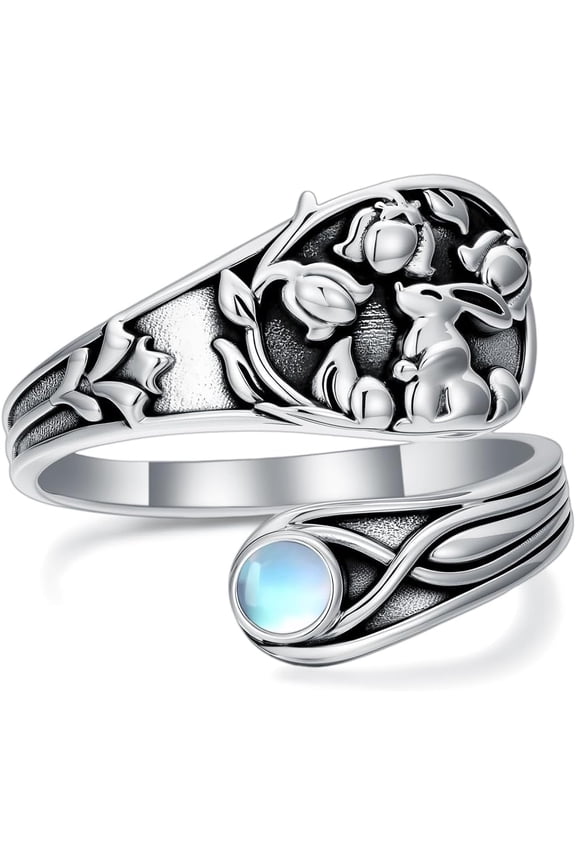 Easter Bunny Spoon Rings for Women 925 Sterling Silver Cute Bunny Adjustable Rabbit Moonstone Rings Abalone Open Spoon Thumb Rings Bunny Jewelry for Women Men Birthday Easter Gifts