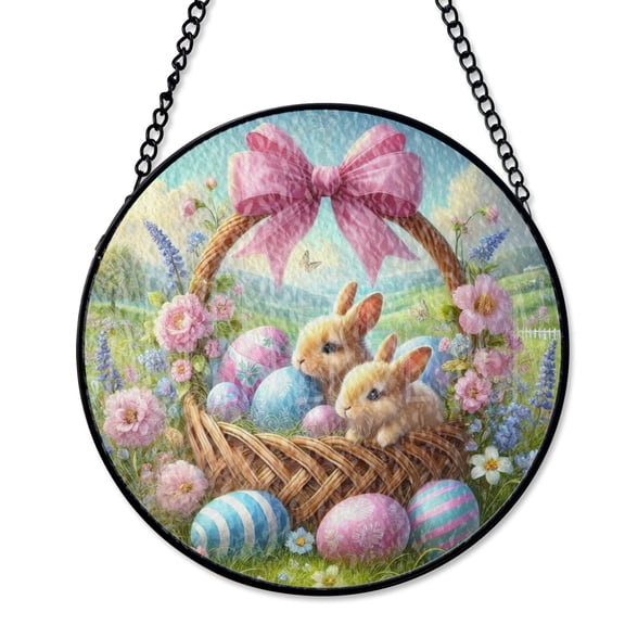 Easter Bunny Spring Floral Basket Suncatcher Stained Glass Style UV Printed Glass Holiday Rabbit Decor Round