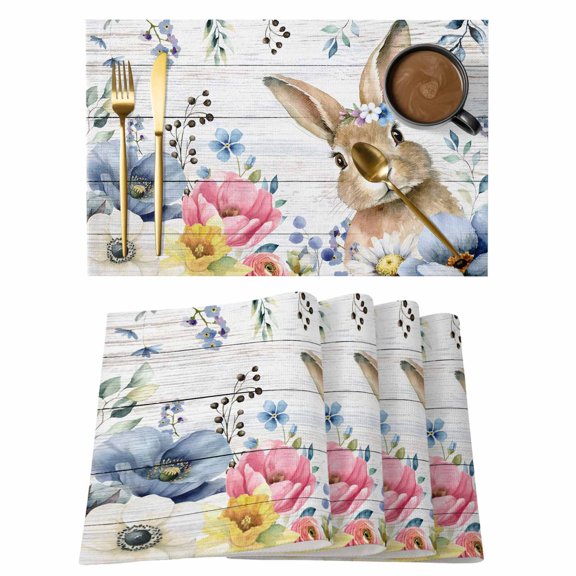 Easter Bunny Spring Floral Placemats Set of 6,Wipeable Washable Table Mats for Dining Tables, Retro Wood Grain Place Mats for Kitchen Event Party Tabletop Decor