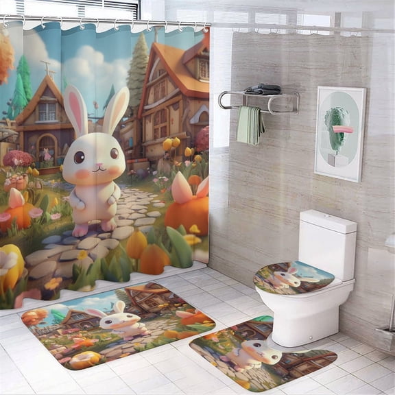 Easter Bunny In Spring Garden 4 Pcs Shower Curtain Sets Shower Curtain And Rugs Shower Curtain Set Easter Decorations Waterproof Personality Pattern Bath Curtain for Bathroom Decor