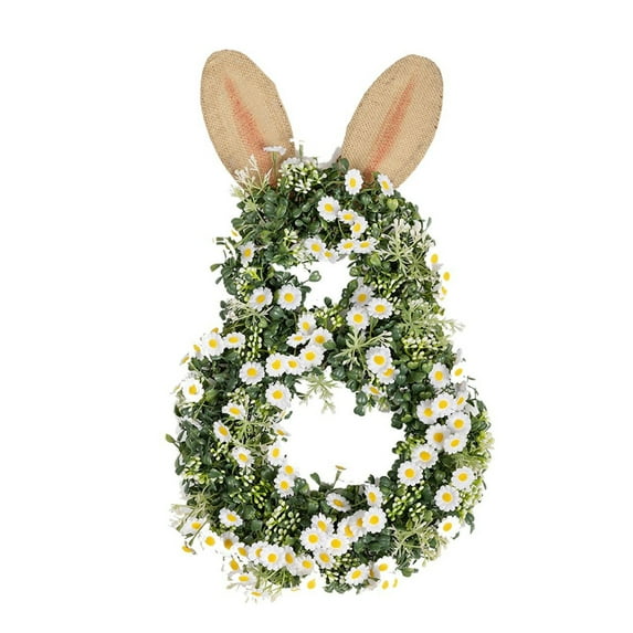 Easter Bunny Spring Wreath for Front Door 21.65inch,Adorable Reusable Rabbit Shaped Artificial Boxwood Greenery With Flowers & Linen Bow,Front Door Easter Holiday Season Decorations