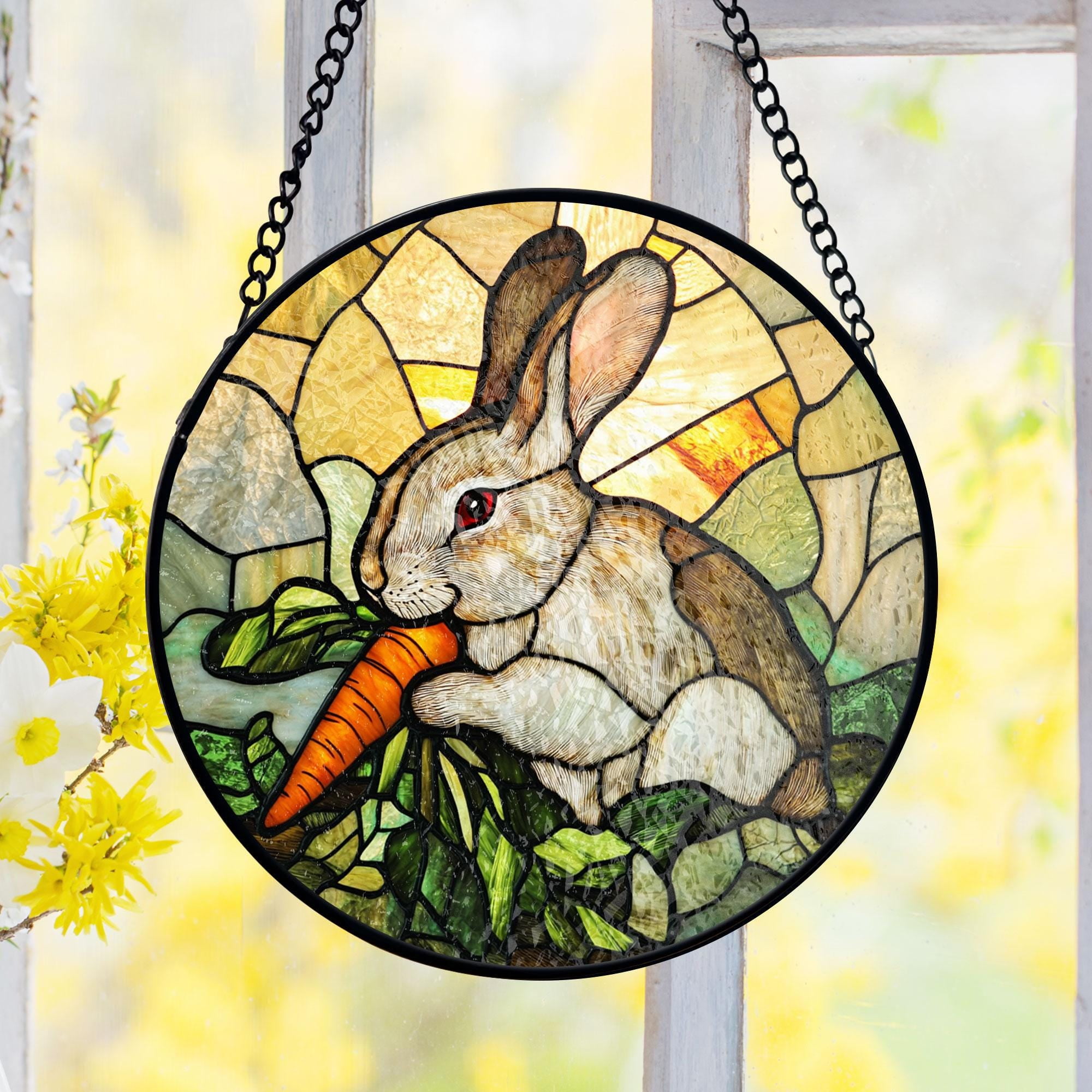Easter Bunny Stained Glass Suncatcher, Rabbit Eating Carrot Suncatcher ...
