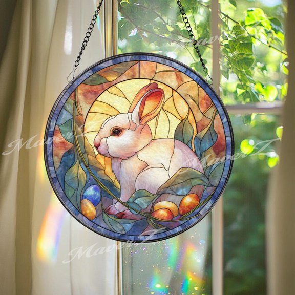 Easter Bunny Stained Glass Suncatcher, Rabbit Window Hanging, Spring Floral Animal Art, Round Nature Decor Gift