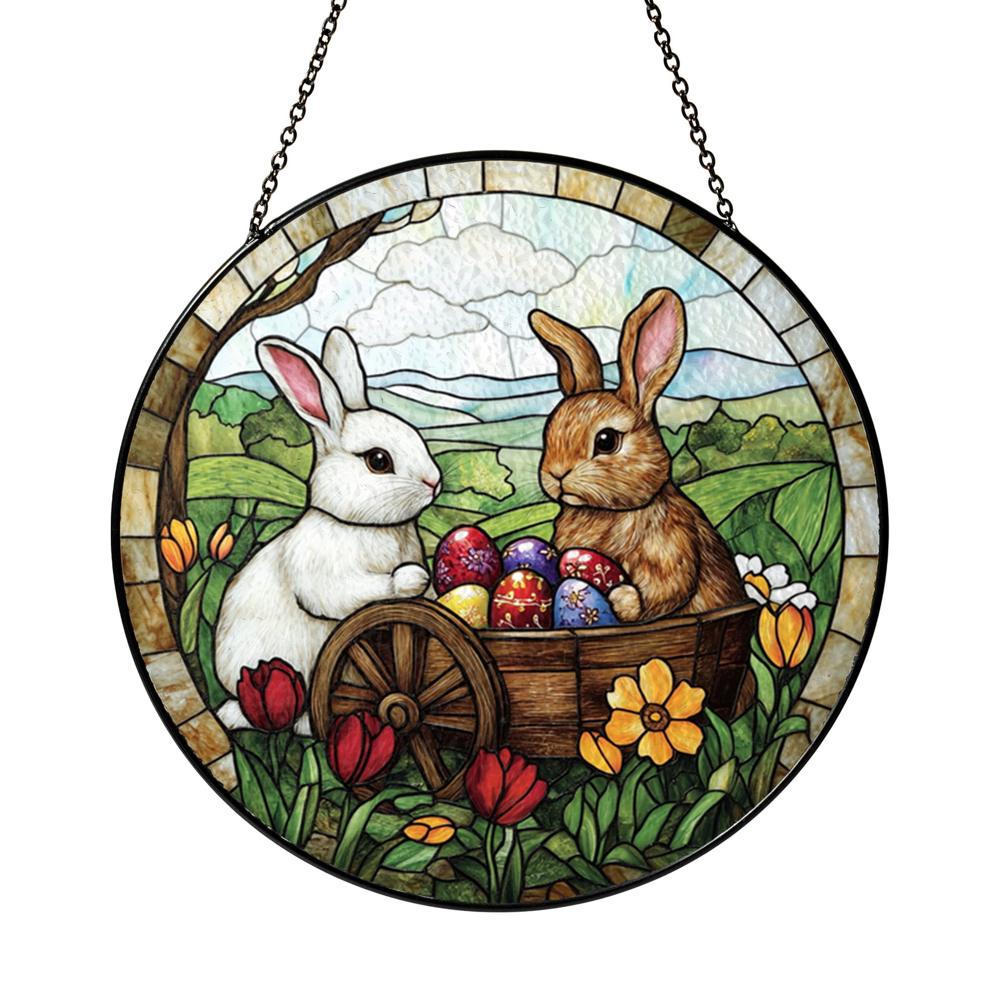 Stained Glass Spring Rabbit Easter Bunny Stained Glass Suncatcher, Two Rabbits with Decorated Eggs ...