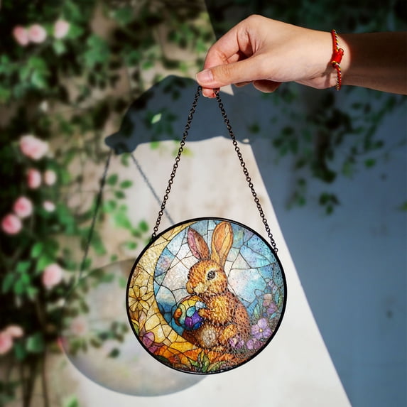 Easter Bunny Stained Glass Window Hanging - Handmade Sun Catcher, Colorful Spring Décor, Cute Rabbit with Egg Art Panel, Easter Gift, Nature-Inspired Decoration, Vibrant Home Ornament