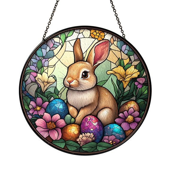 Easter Bunny Stained Glass Window Hanging with Floral Rabbit and Decorative Egg Details, Cheerful Spring Nature Decor