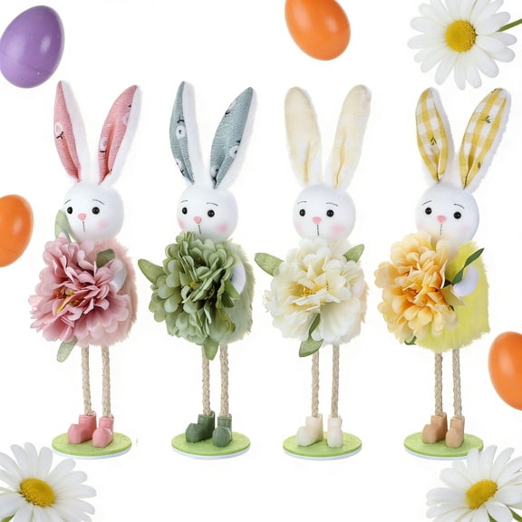 Easter Bunny Standing Decorations, 4-Pack Spring Rabbit Figurines with Flower Accents - Cute Fireplace Shelf Tabletop Ornaments for Living Room, Kids Gift, Party Decorations