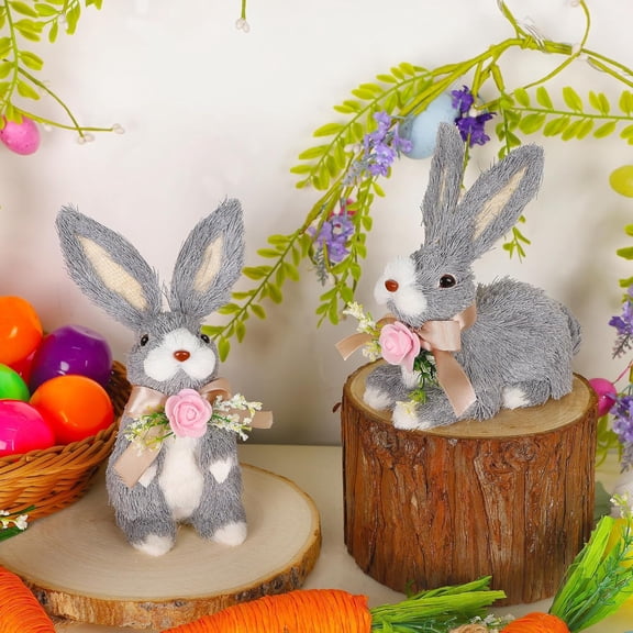 Easter Bunny Statue, Mini Standing Straw Grey Rabbit Couple Figurine for Hand-Woven Animal Festival Present for Spring Garden Home Tabletop Decoration
