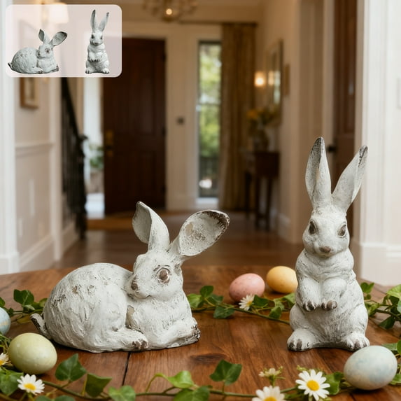 Easter Bunny Statue Set of 2, Resin Rabbit Figurines, Weathered White Vintage Style, Indoor Outdoor Spring Decor for Home, Garden & Entryway, Holiday Table Centerpiece
