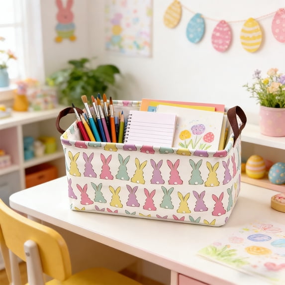 Easter Bunny Storage Basket, 14.96x10.24x7.87in Fabric Foldable Bin, Multi-Functional Organizer with Handles, Holiday Gift