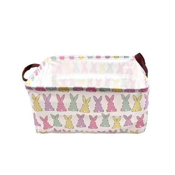 Easter Bunny Storage Basket 15x10x8 Inch, Foldable Fabric Bin with Handles, Collapsible Easter Themed Organizer (Design D)