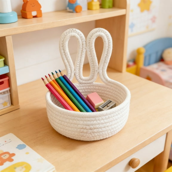 Easter Bunny Storage Basket Cotton Rope Bin | Cute Rabbit Ear Handles, Pom-Pom Detail, Soft Solid Color | 20x21cm Organizer for Cosmetics, Snacks, Keys | Decorative Spring Home Accent