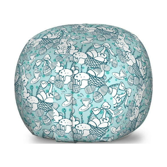 Easter Bunny Storage Toy Bag Chair, Rabbit Doodle Muffin with Eggs Basket Tea Time Composition, Stuffed Animal Organizer Washable Bag, Small Size, Dark Seafoam and Teal, by Ambesonne