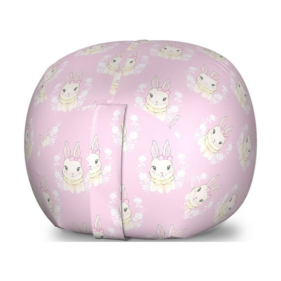 Easter Bunny Storage Toy Bag Chair, Rabbit with Ribbons Floral Spring Themed Soft Pink Tones Animals, Stuffed Animal Organizer Washable Bag, Small Size, Rose Champagne, by Ambesonne