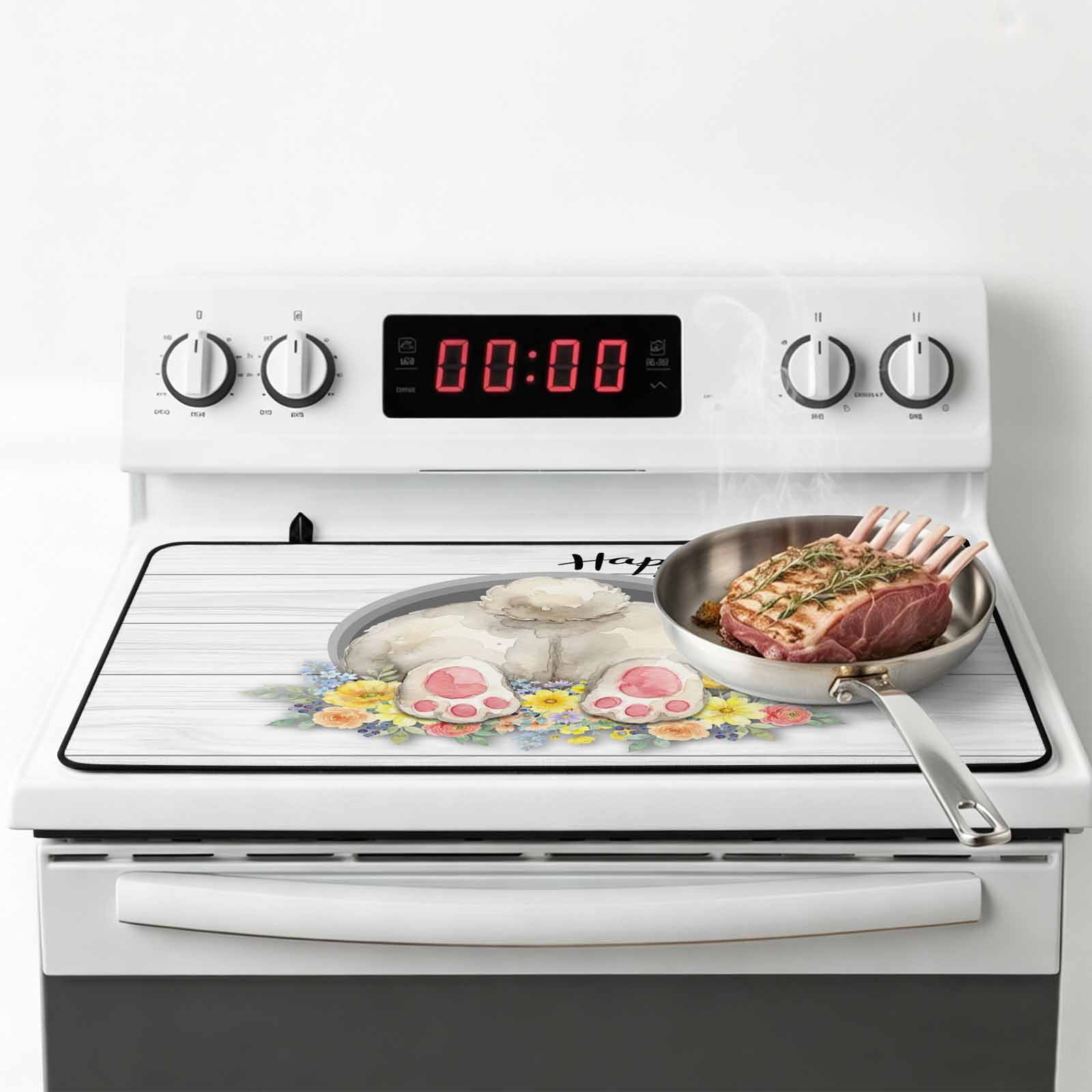 Easter Bunny Stove Top Cover for Electric Stove, Heat-proof & Non Slip Glass Top Stove Cover Protector, 3D Optical Illusion Farmhouse Flower Wood Grain Kitchen Flat Cooktop Rubber Mat 24x21 Inches