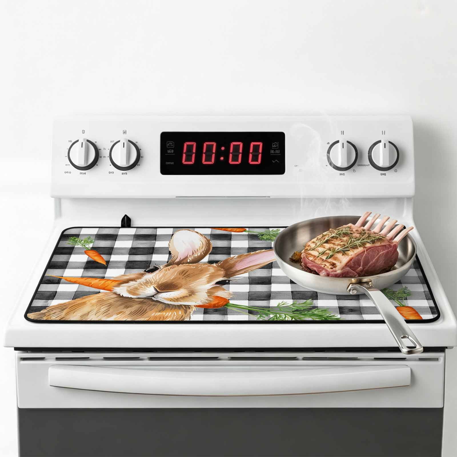 Easter Bunny Stove Top Cover for Electric Stove, Heat-proof & Non Slip Glass Top Stove Cover Protector, Spring Rabbits Carrots Black Buffalo Plaid Kitchen Flat Cooktop Rubber Mat 24x21 Inches
