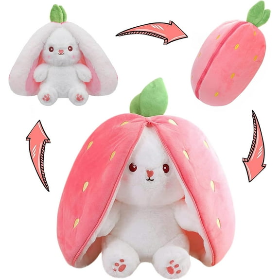 Easter Bunny Stuffed Animal, Carrot and Strawberry Bunny Plush Turn Into Rabbit Fruit Doll, Plushies Funny Bunny Toy for Baby (Strawberry Rabbit, 10inch)