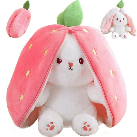 Easter Bunny Stuffed Animal Plush, Reversible Bunny Carrot Strawberry Pillow with Zipper, Cute Rabbit Sofa Pillow Decoration Doll, Soft Plush Toy for Boys Girls
