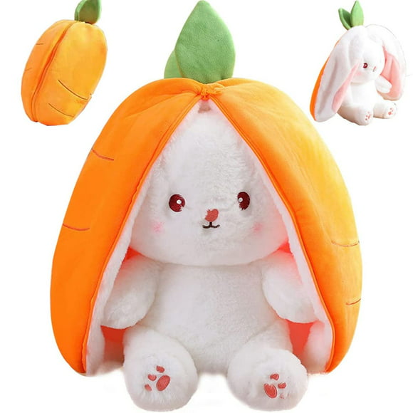 Easter Bunny Stuffed Animal Plush, Reversible Bunny Carrot Strawberry Pillow with Zipper, Cute Rabbit Sofa Pillow Decoration Doll, Soft Plush Toy for Boys Girls , Gifts for Kids(Carrot, 7.1in)