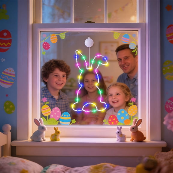 Easter Bunny Suction Cup Window Lights | Multicolor Decorative Ambient String Lights 26x13cm | Indoor Outdoor Holiday Display | Durable Reusable Festive Decor