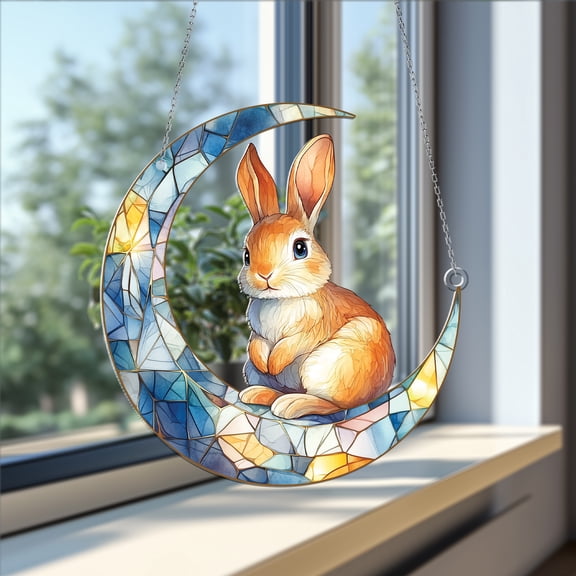 Easter Bunny Suncatcher – Handmade Window Hanging Sun Catcher – Cute Moon & Rabbit Decor for Spring & Easter