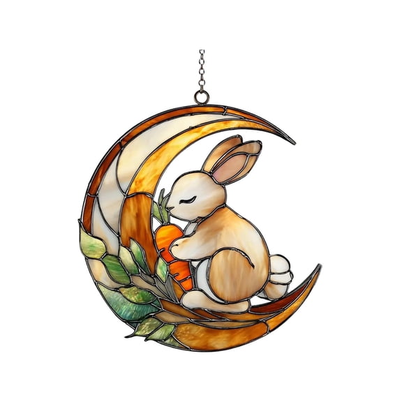 Easter Bunny Suncatcher, Sleeping Rabbit on Moon with Carrot, Stained Glass Style Window Decor