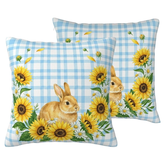 Easter Bunny Sunflower Throw Pillow Covers 16x16 Set of 2 Double Sided Faux Linen Decorative Cushion Cases with Blue Gingham Background for Couch, Sofa, Indoor Outdoor Farmhouse Decor