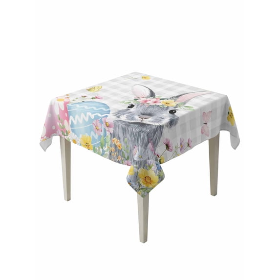 Easter Bunny Suqare Tablecloth - 54 x 54 Inch, Blue Easter Eggs Spring Floral Grey Plaid Waterproof & StainResistant Tablecloth, Washable Oil-proof Table Cover for Dining/Party/Wedding/Camping/Buffet