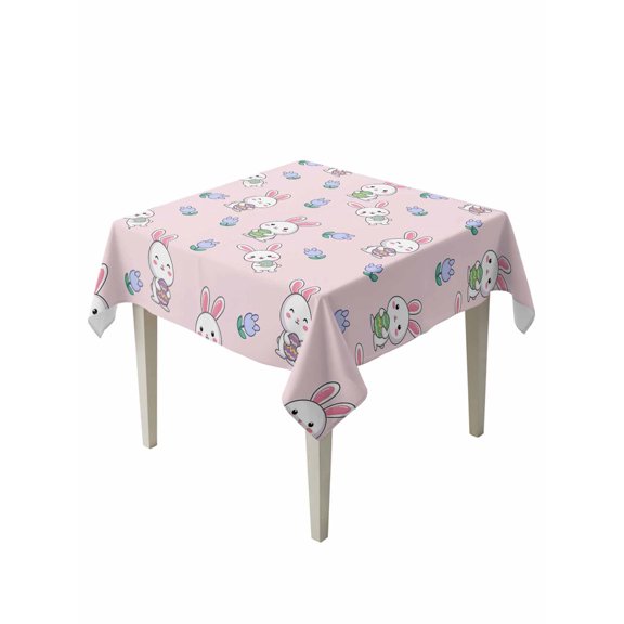 Easter Bunny Suqare Tablecloth - 54 x 54 Inch, Cute Rabbits Eggs Tulips Flowers Rustic Pink Waterproof & StainResistant Tablecloth, Washable Oil-proof Table Cover for Dining/Party/Wedding/Buffet