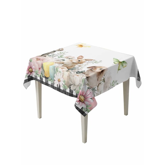 Easter Bunny Suqare Tablecloth - 54 x 54 Inch, Spring Botanical Flowers Flowers Eggs Check Waterproof & StainResistant Tablecloth, Washable Oil-proof Table Cover for Dining/Party/Wedding/Buffet