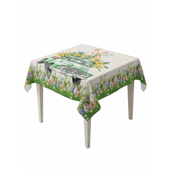 Easter Bunny Suqare Tablecloth - 54 x 54 Inch, Spring Trucks Easter Eggs Floral Burlap Waterproof & StainResistant Tablecloth, Washable Oil-proof Table Cover for Dining/Party/Wedding/Camping/Buffet