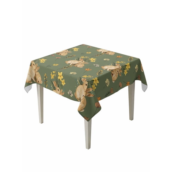 Easter Bunny Suqare Tablecloth - 54 x 54 Inch, Spring Yellow Flowers Country Plants Green Waterproof & StainResistant Tablecloth, Washable Oil-proof Table Cover for Dining/Party/Wedding/Buffet