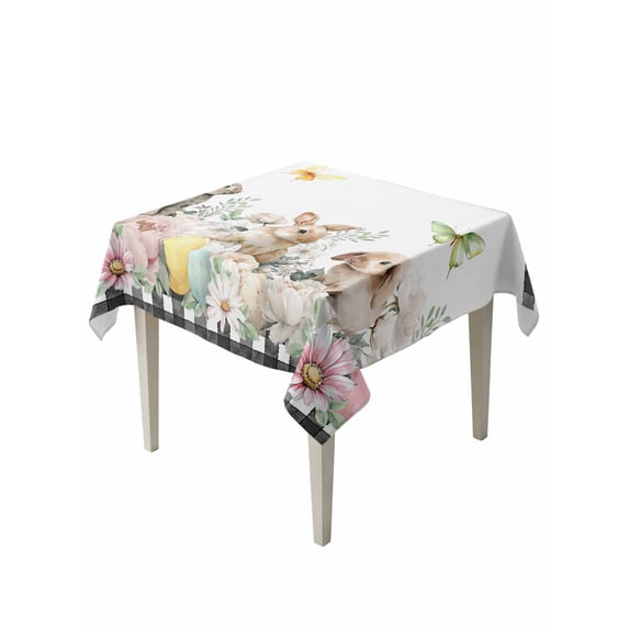 Easter Bunny Suqare Tablecloth - 60 x 60 Inch, Spring Botanical Flowers Flowers Eggs Check Waterproof & StainResistant Tablecloth, Washable Oil-proof Table Cover for Dining/Party/Wedding/Buffet