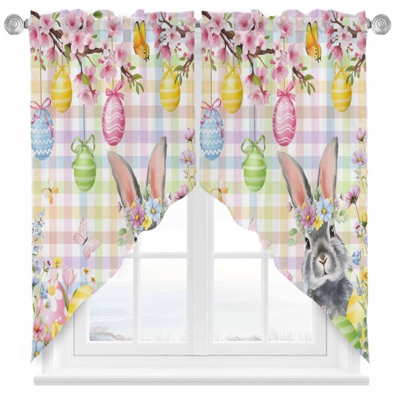 Easter Bunny Swag Curtains Spring Colorful Eggs Flower Branch Plaid Swag Valances for Kitchen Windows, Window Treatment Topper Curtains for Living Room Bedroom Bathroom, 36" W x 36" L