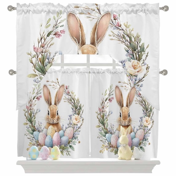 Easter Bunny Swag Curtains Valance & Tier Set, Watercolor Rabbit Yellow Blue Pink Egg Floral Leaf Wreath 3 Pcs Set Kitchen Swag Valances and Tiers 24 Inch Length Rod Pocket Curtain Drapes for Bedroom